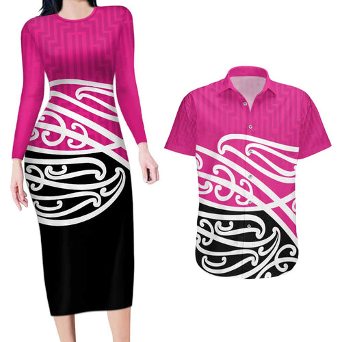 All Pink New Zealand Kowhai Ngutukak Couples Matching Long Sleeve Bodycon Dress and Hawaiian Shirt - Aussie Hoodie