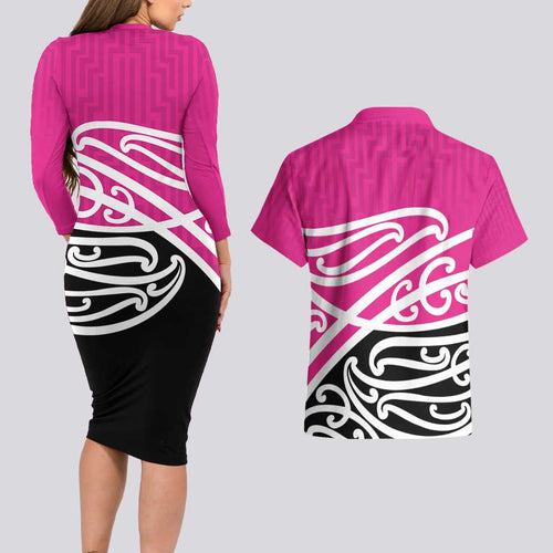 All Pink New Zealand Kowhai Ngutukak Couples Matching Long Sleeve Bodycon Dress and Hawaiian Shirt - Aussie Hoodie