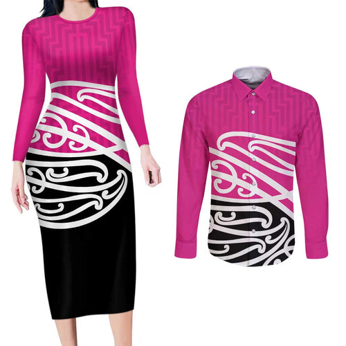 All Pink New Zealand Kowhai Ngutukak Couples Matching Long Sleeve Bodycon Dress and Long Sleeve Button Shirt - Aussie Hoodie