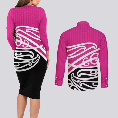 All Pink New Zealand Kowhai Ngutukak Couples Matching Long Sleeve Bodycon Dress and Long Sleeve Button Shirt - Aussie Hoodie
