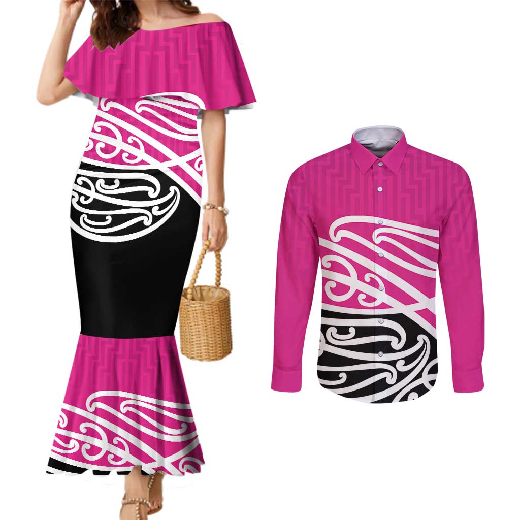 All Pink New Zealand Kowhai Ngutukak Couples Matching Mermaid Dress and Long Sleeve Button Shirt - Aussie Hoodie