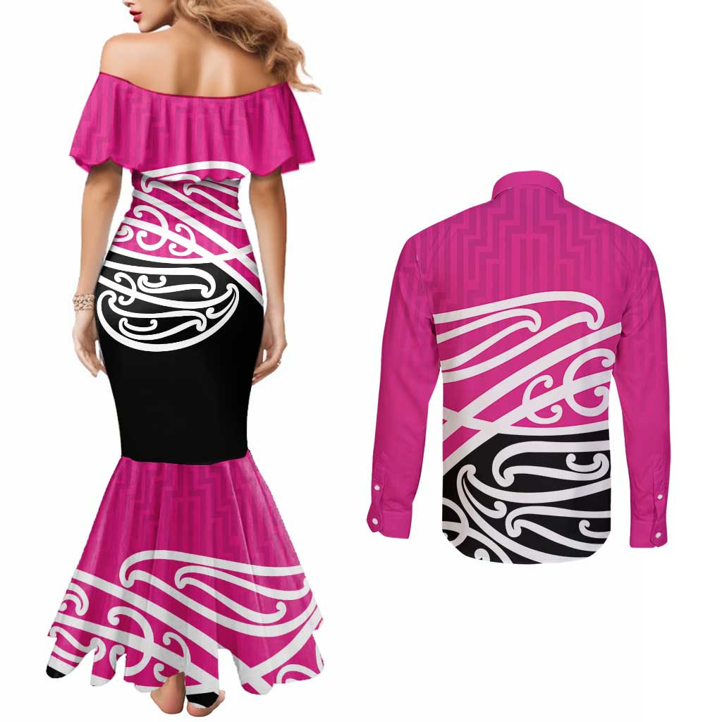 All Pink New Zealand Kowhai Ngutukak Couples Matching Mermaid Dress and Long Sleeve Button Shirt - Aussie Hoodie