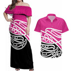 All Pink New Zealand Kowhai Ngutukak Couples Matching Off Shoulder Maxi Dress and Hawaiian Shirt - Aussie Hoodie