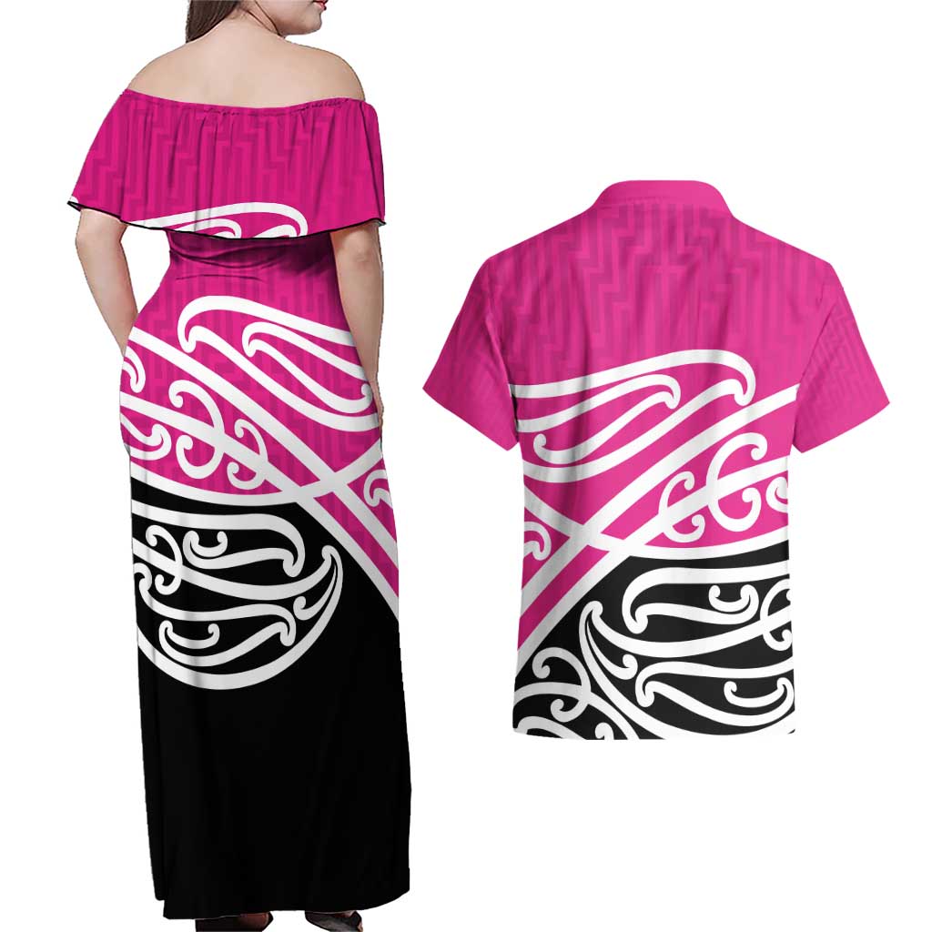 All Pink New Zealand Kowhai Ngutukak Couples Matching Off Shoulder Maxi Dress and Hawaiian Shirt - Aussie Hoodie