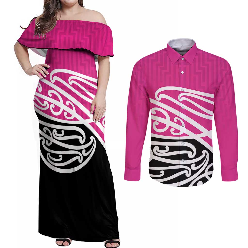 All Pink New Zealand Kowhai Ngutukak Couples Matching Off Shoulder Maxi Dress and Long Sleeve Button Shirt - Aussie Hoodie