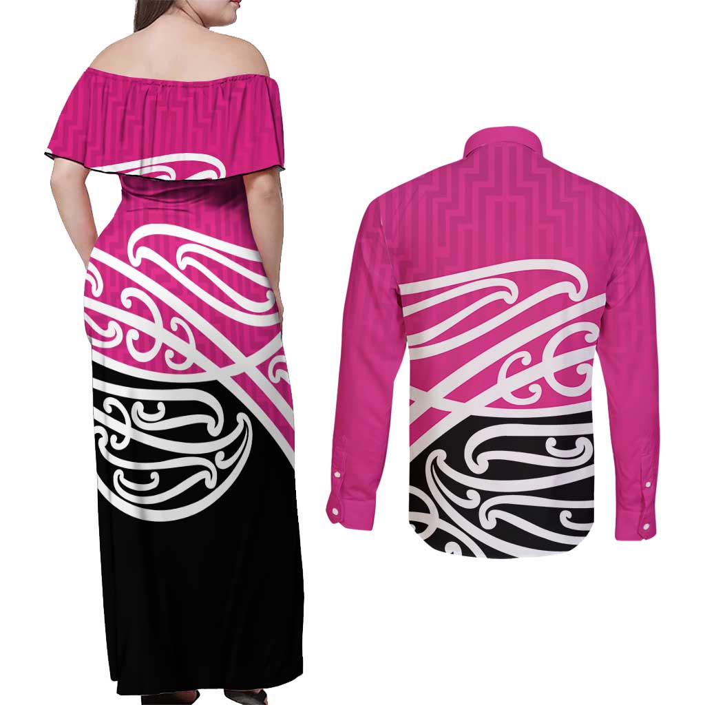 All Pink New Zealand Kowhai Ngutukak Couples Matching Off Shoulder Maxi Dress and Long Sleeve Button Shirt - Aussie Hoodie