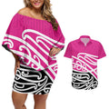 All Pink New Zealand Kowhai Ngutukak Couples Matching Off Shoulder Short Dress and Hawaiian Shirt - Aussie Hoodie