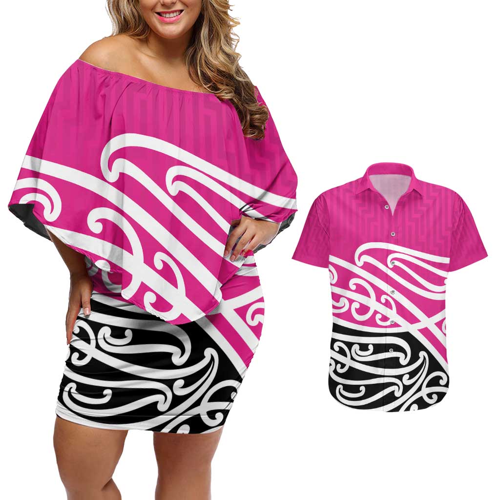 All Pink New Zealand Kowhai Ngutukak Couples Matching Off Shoulder Short Dress and Hawaiian Shirt - Aussie Hoodie