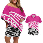 All Pink New Zealand Kowhai Ngutukak Couples Matching Off Shoulder Short Dress and Hawaiian Shirt - Aussie Hoodie