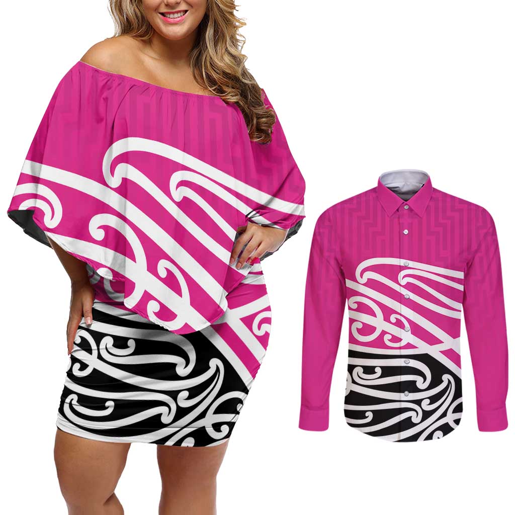 All Pink New Zealand Kowhai Ngutukak Couples Matching Off Shoulder Short Dress and Long Sleeve Button Shirt - Aussie Hoodie
