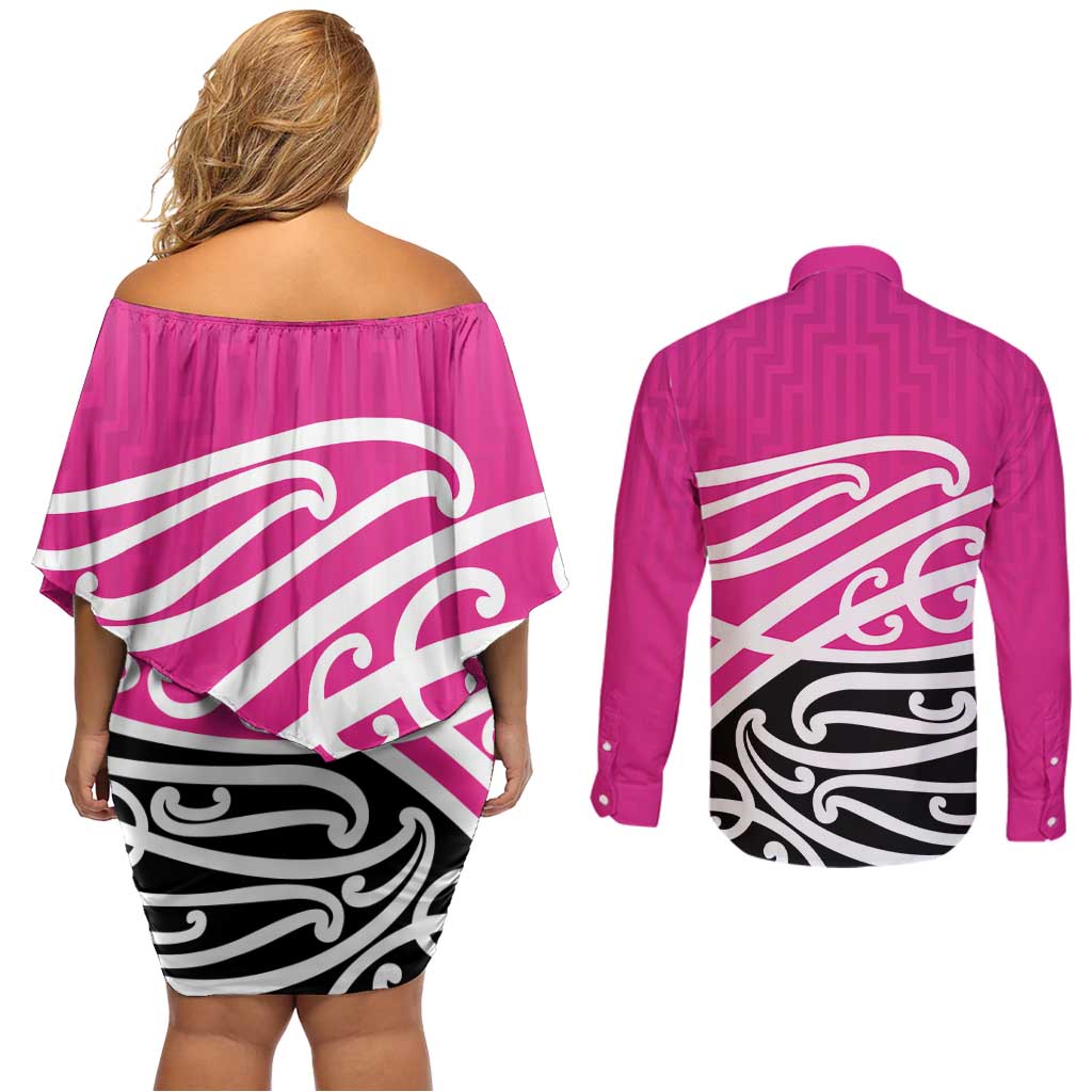 All Pink New Zealand Kowhai Ngutukak Couples Matching Off Shoulder Short Dress and Long Sleeve Button Shirt - Aussie Hoodie