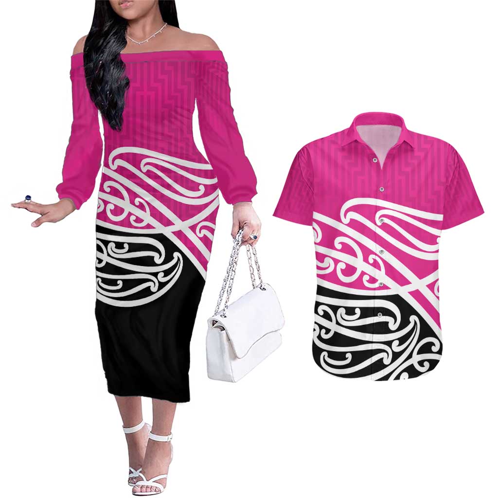 All Pink New Zealand Kowhai Ngutukak Couples Matching Off The Shoulder Long Sleeve Dress and Hawaiian Shirt - Aussie Hoodie