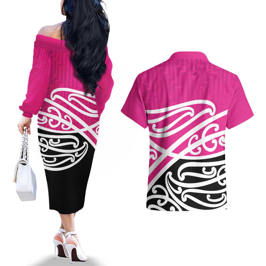 All Pink New Zealand Kowhai Ngutukak Couples Matching Off The Shoulder Long Sleeve Dress and Hawaiian Shirt - Aussie Hoodie