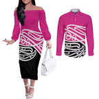 All Pink New Zealand Kowhai Ngutukak Couples Matching Off The Shoulder Long Sleeve Dress and Long Sleeve Button Shirt - Aussie Hoodie