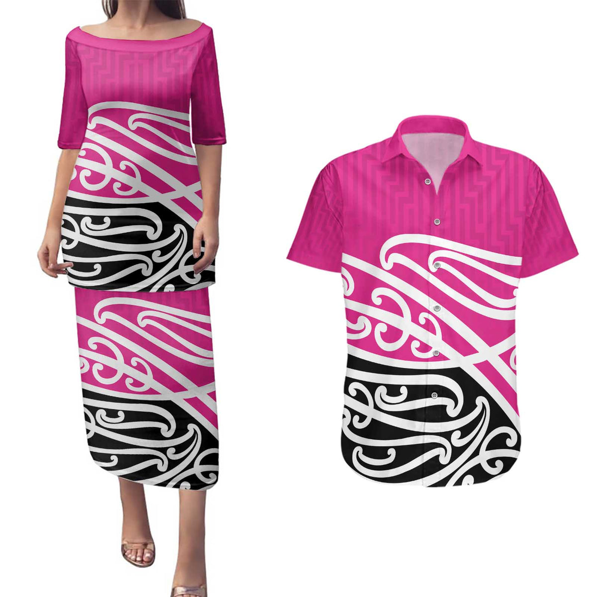 All Pink New Zealand Kowhai Ngutukak Couples Matching Puletasi and Hawaiian Shirt - Aussie Hoodie