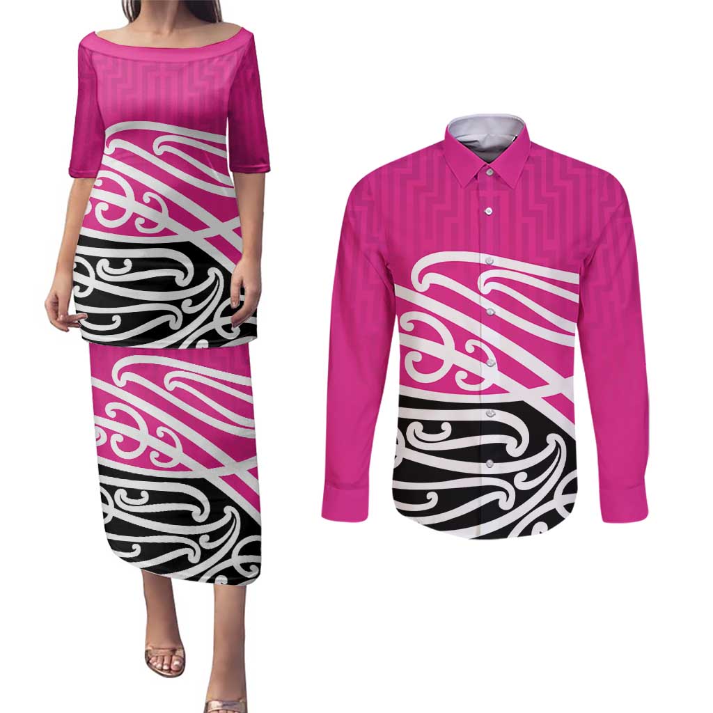 All Pink New Zealand Kowhai Ngutukak Couples Matching Puletasi and Long Sleeve Button Shirt - Aussie Hoodie
