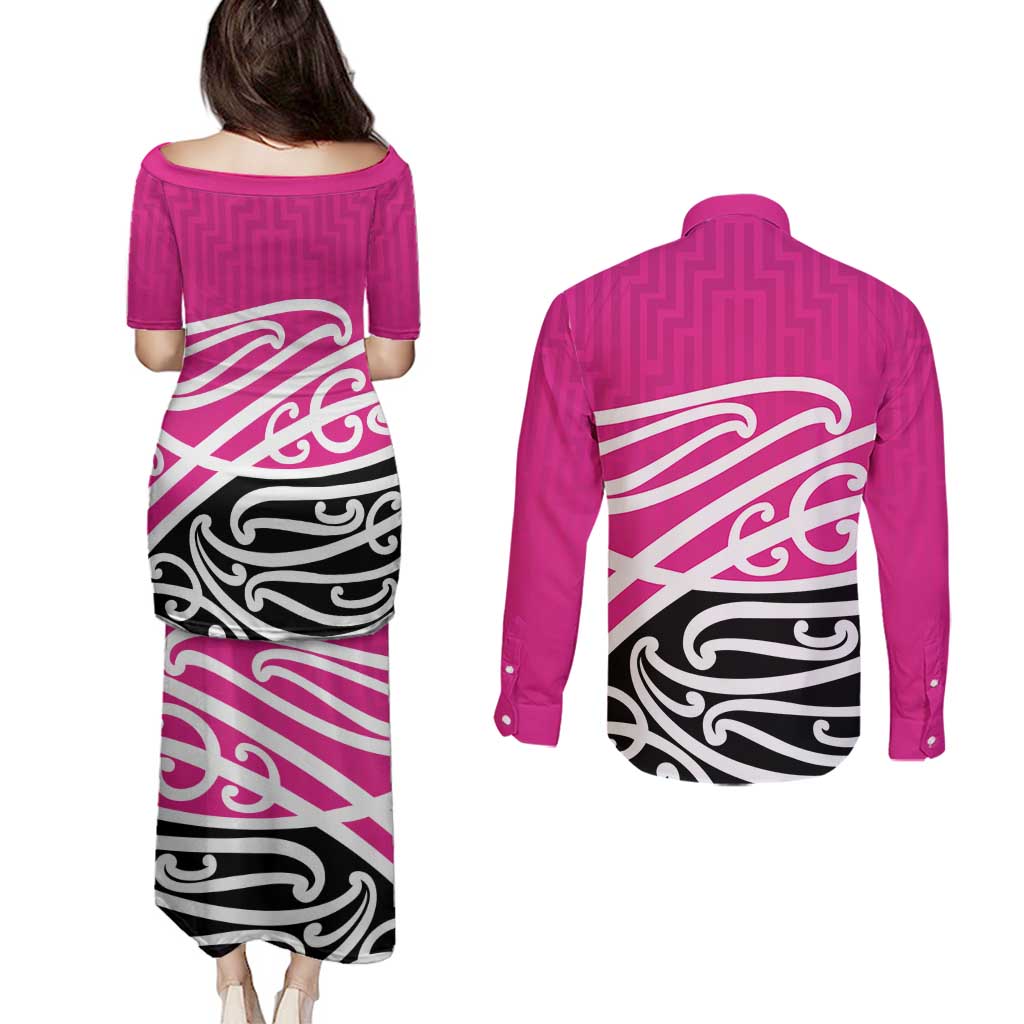 All Pink New Zealand Kowhai Ngutukak Couples Matching Puletasi and Long Sleeve Button Shirt - Aussie Hoodie