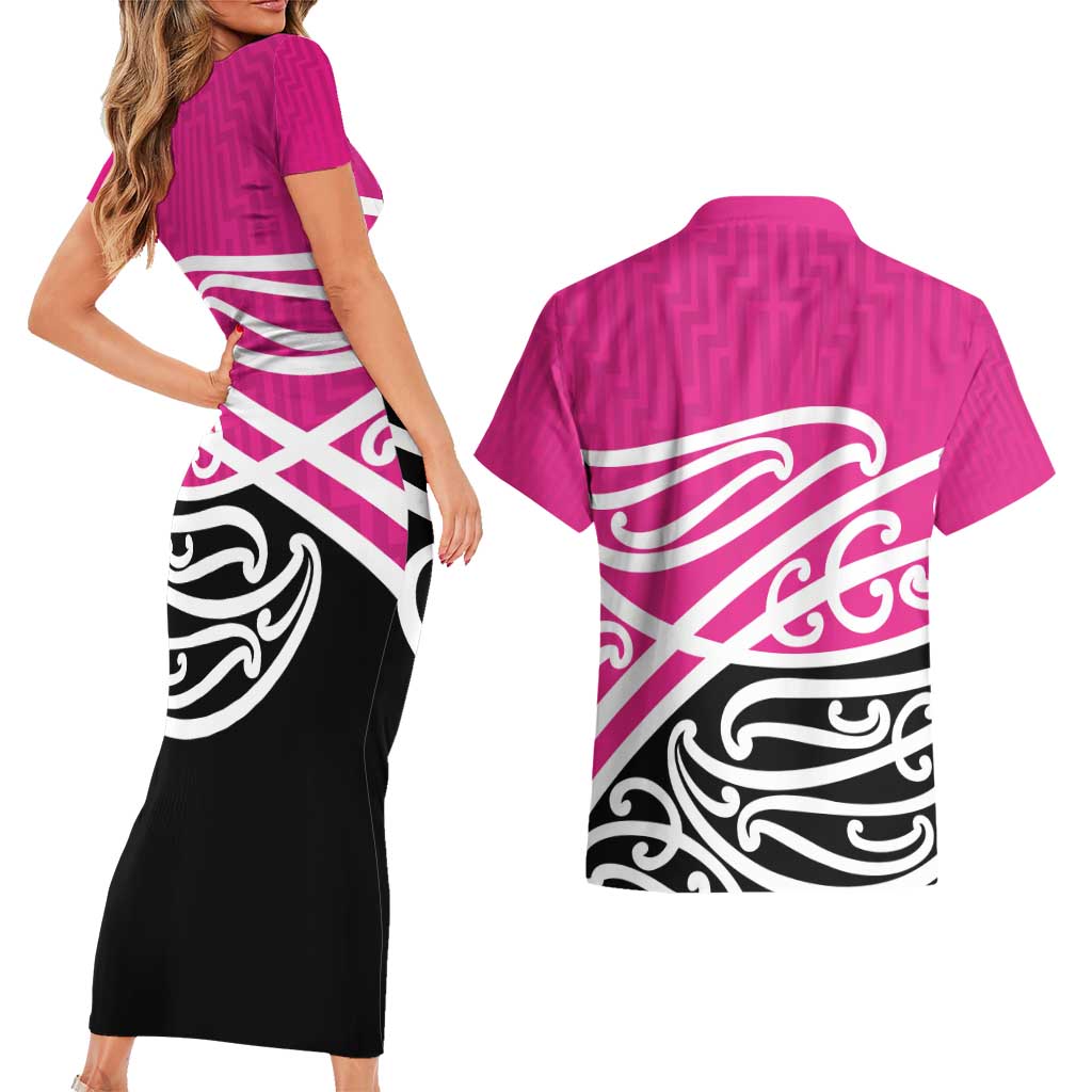 All Pink New Zealand Kowhai Ngutukak Couples Matching Short Sleeve Bodycon Dress and Hawaiian Shirt - Aussie Hoodie