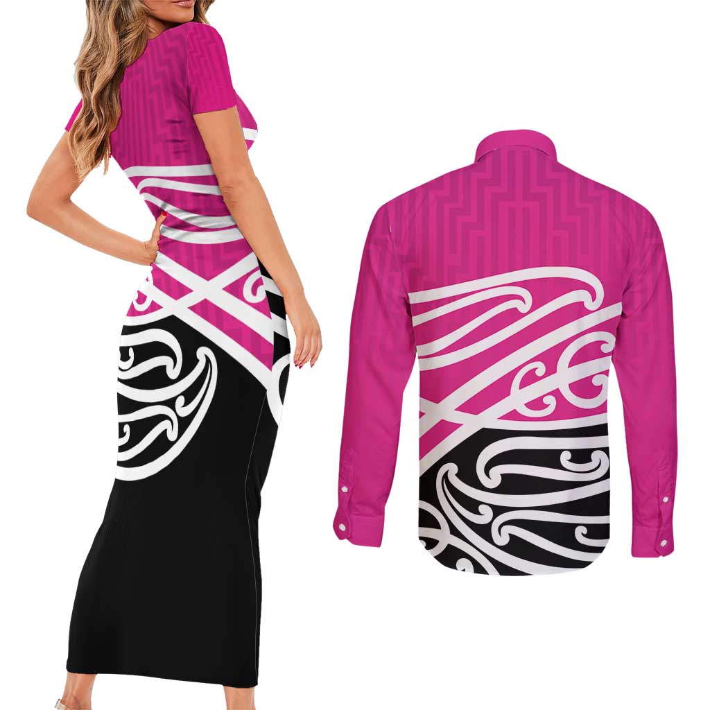 All Pink New Zealand Kowhai Ngutukak Couples Matching Short Sleeve Bodycon Dress and Long Sleeve Button Shirt - Aussie Hoodie