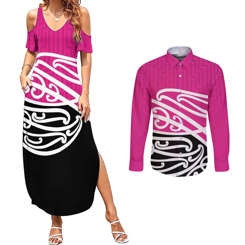 All Pink New Zealand Kowhai Ngutukak Couples Matching Summer Maxi Dress and Long Sleeve Button Shirt - Aussie Hoodie