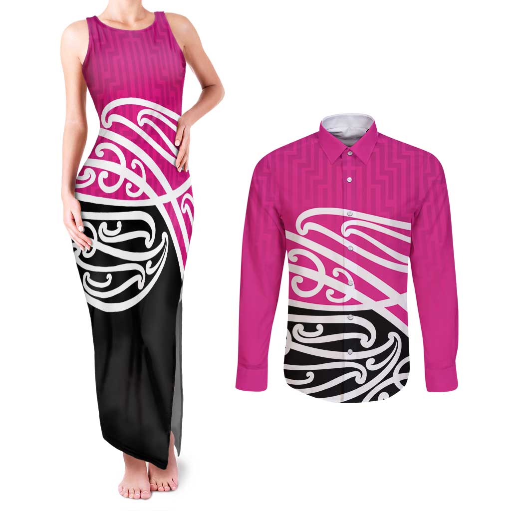 All Pink New Zealand Kowhai Ngutukak Couples Matching Tank Maxi Dress and Long Sleeve Button Shirt - Aussie Hoodie