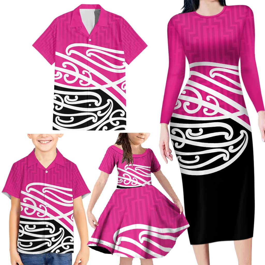 All Pink New Zealand Kowhai Ngutukak Family Matching Long Sleeve Bodycon Dress and Hawaiian Shirt - Aussie Hoodie