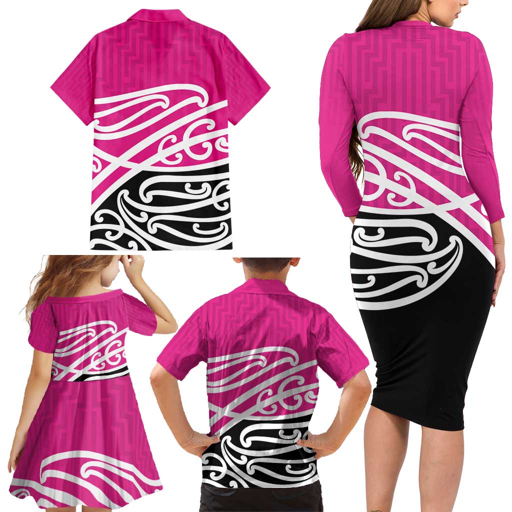 All Pink New Zealand Kowhai Ngutukak Family Matching Long Sleeve Bodycon Dress and Hawaiian Shirt - Aussie Hoodie