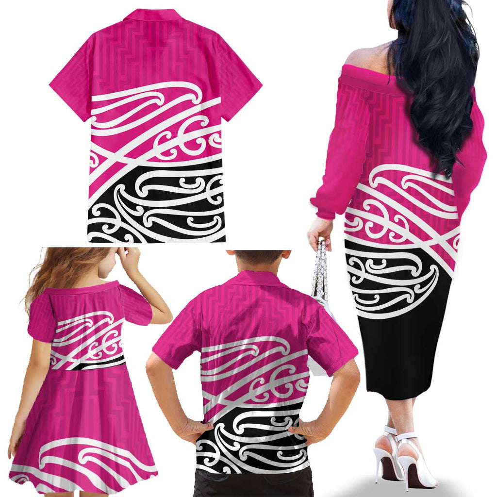 All Pink New Zealand Kowhai Ngutukak Family Matching Off The Shoulder Long Sleeve Dress and Hawaiian Shirt - Aussie Hoodie