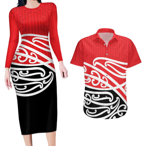 All Red New Zealand Kowhai Ngutukak Couples Matching Long Sleeve Bodycon Dress and Hawaiian Shirt - Aussie Hoodie