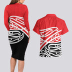 All Red New Zealand Kowhai Ngutukak Couples Matching Long Sleeve Bodycon Dress and Hawaiian Shirt - Aussie Hoodie