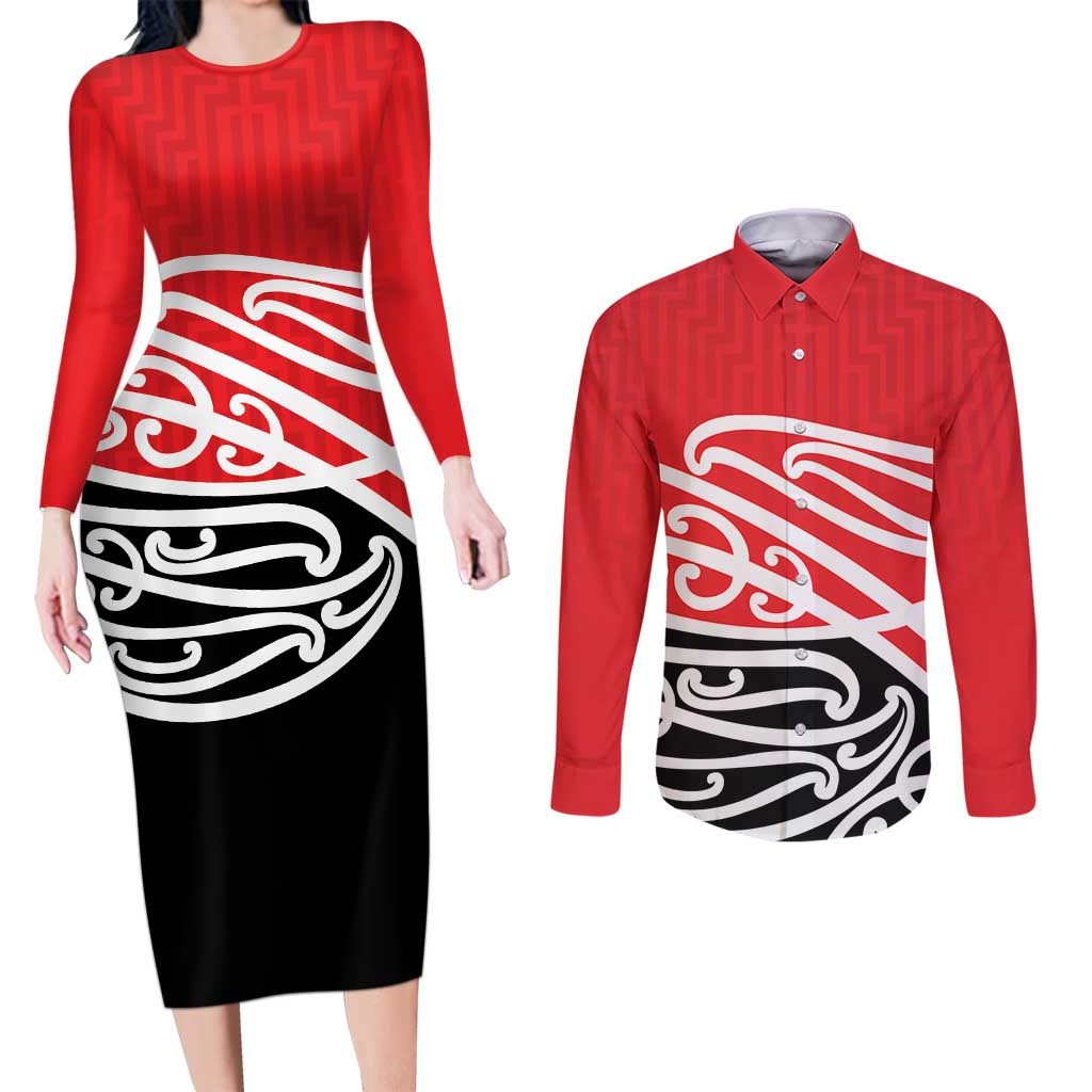 All Red New Zealand Kowhai Ngutukak Couples Matching Long Sleeve Bodycon Dress and Long Sleeve Button Shirt - Aussie Hoodie