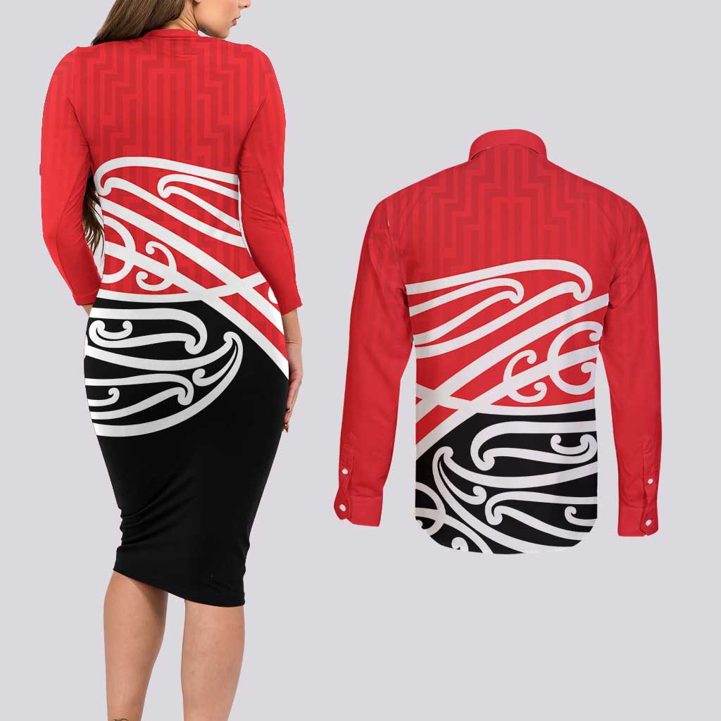 All Red New Zealand Kowhai Ngutukak Couples Matching Long Sleeve Bodycon Dress and Long Sleeve Button Shirt - Aussie Hoodie