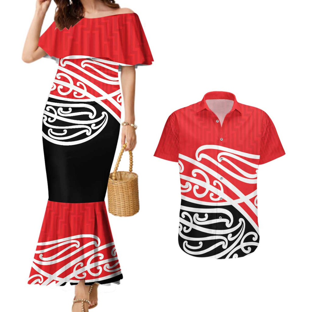 All Red New Zealand Kowhai Ngutukak Couples Matching Mermaid Dress and Hawaiian Shirt - Aussie Hoodie