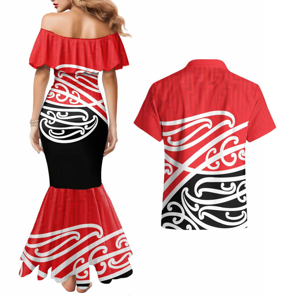 All Red New Zealand Kowhai Ngutukak Couples Matching Mermaid Dress and Hawaiian Shirt - Aussie Hoodie
