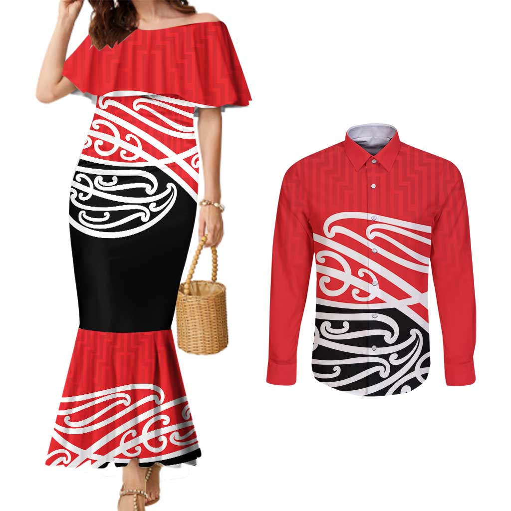 All Red New Zealand Kowhai Ngutukak Couples Matching Mermaid Dress and Long Sleeve Button Shirt - Aussie Hoodie