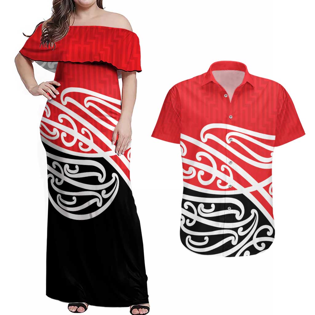All Red New Zealand Kowhai Ngutukak Couples Matching Off Shoulder Maxi Dress and Hawaiian Shirt - Aussie Hoodie