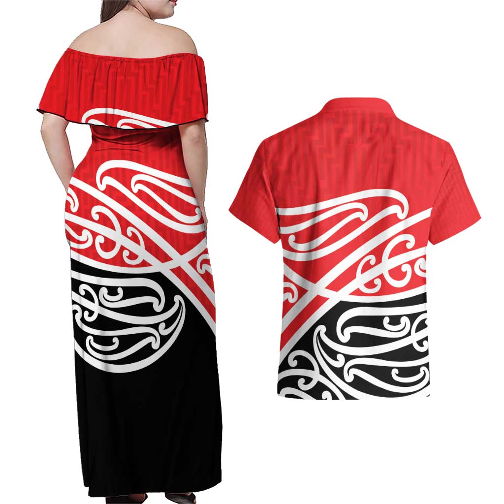 All Red New Zealand Kowhai Ngutukak Couples Matching Off Shoulder Maxi Dress and Hawaiian Shirt - Aussie Hoodie