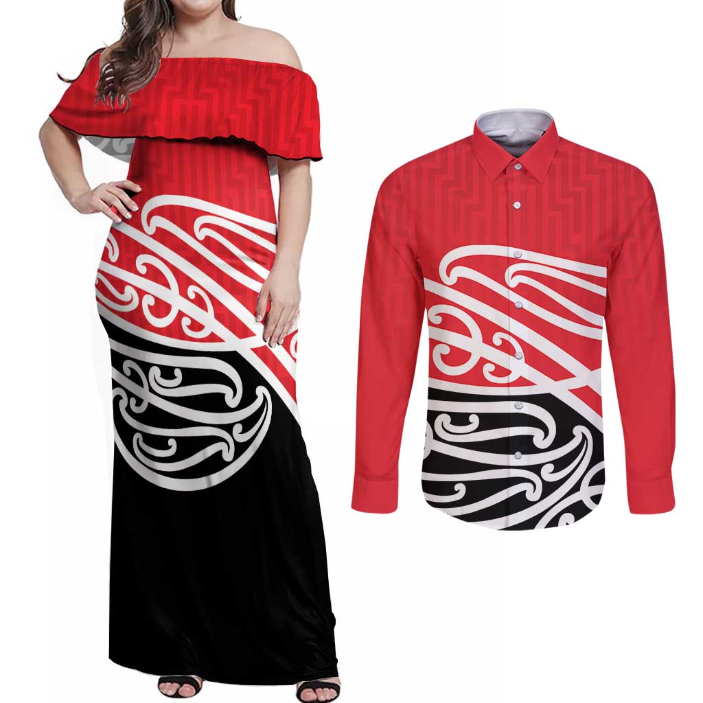 All Red New Zealand Kowhai Ngutukak Couples Matching Off Shoulder Maxi Dress and Long Sleeve Button Shirt - Aussie Hoodie