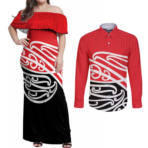 All Red New Zealand Kowhai Ngutukak Couples Matching Off Shoulder Maxi Dress and Long Sleeve Button Shirt - Aussie Hoodie