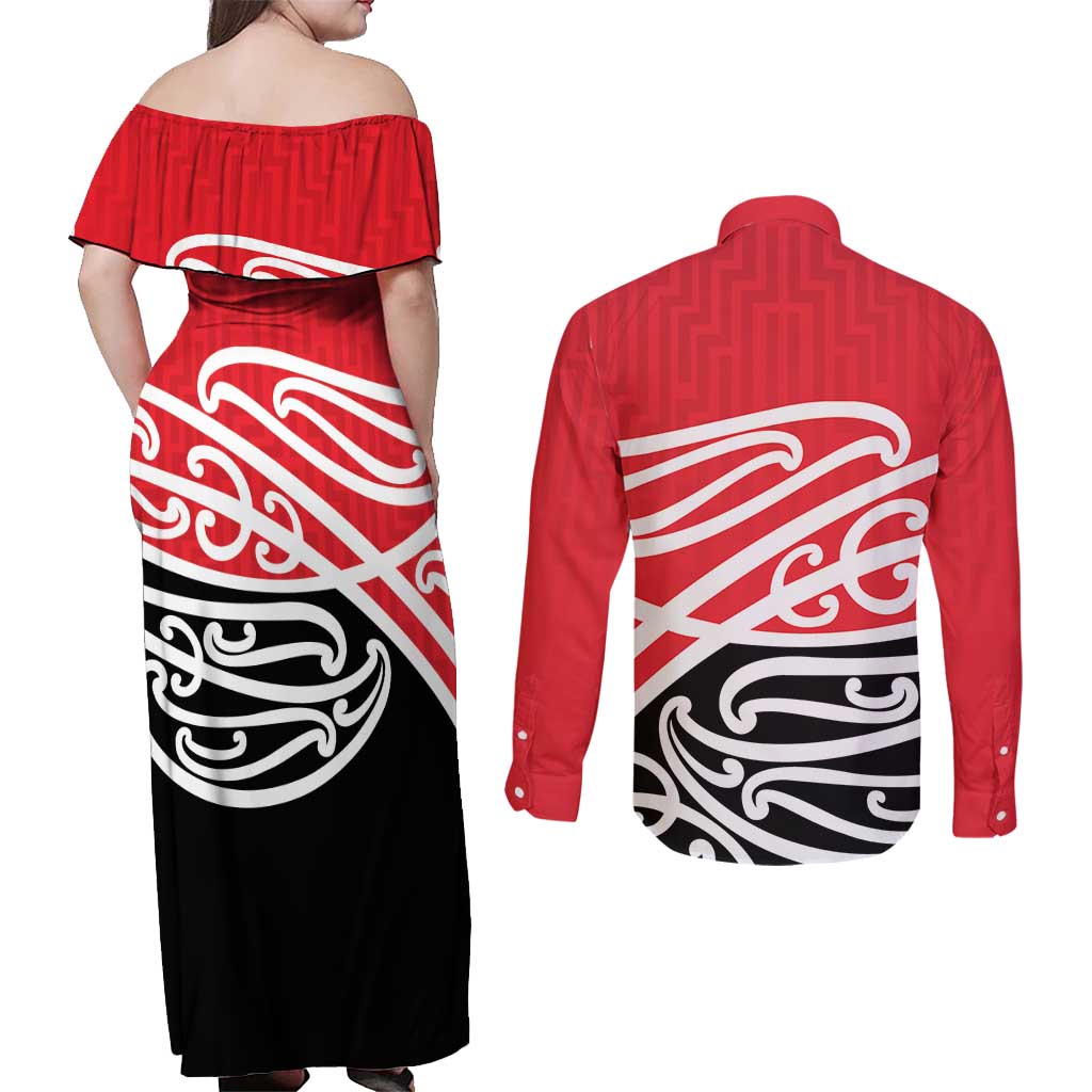 All Red New Zealand Kowhai Ngutukak Couples Matching Off Shoulder Maxi Dress and Long Sleeve Button Shirt - Aussie Hoodie