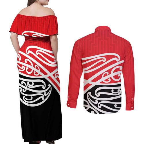 All Red New Zealand Kowhai Ngutukak Couples Matching Off Shoulder Maxi Dress and Long Sleeve Button Shirt - Aussie Hoodie