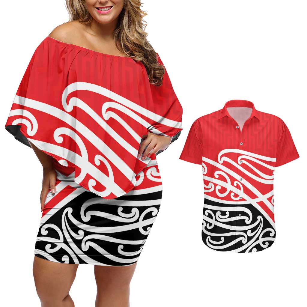 All Red New Zealand Kowhai Ngutukak Couples Matching Off Shoulder Short Dress and Hawaiian Shirt - Aussie Hoodie