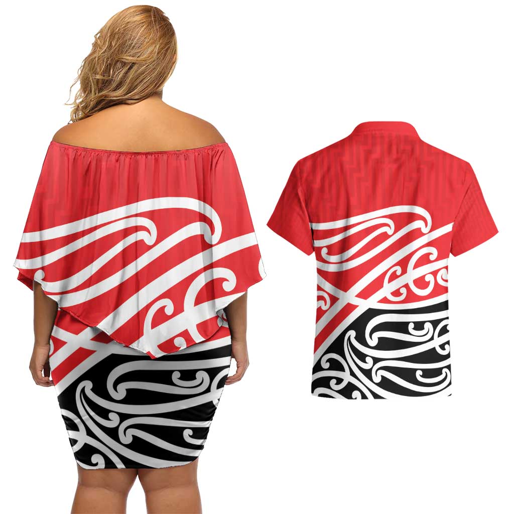 All Red New Zealand Kowhai Ngutukak Couples Matching Off Shoulder Short Dress and Hawaiian Shirt - Aussie Hoodie