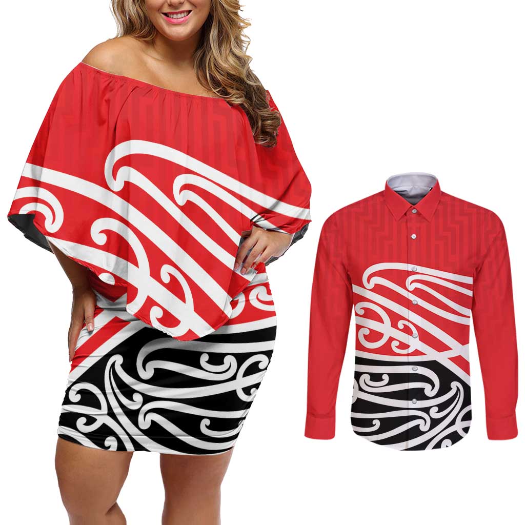 All Red New Zealand Kowhai Ngutukak Couples Matching Off Shoulder Short Dress and Long Sleeve Button Shirt - Aussie Hoodie