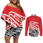All Red New Zealand Kowhai Ngutukak Couples Matching Off Shoulder Short Dress and Long Sleeve Button Shirt - Aussie Hoodie