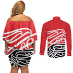 All Red New Zealand Kowhai Ngutukak Couples Matching Off Shoulder Short Dress and Long Sleeve Button Shirt - Aussie Hoodie