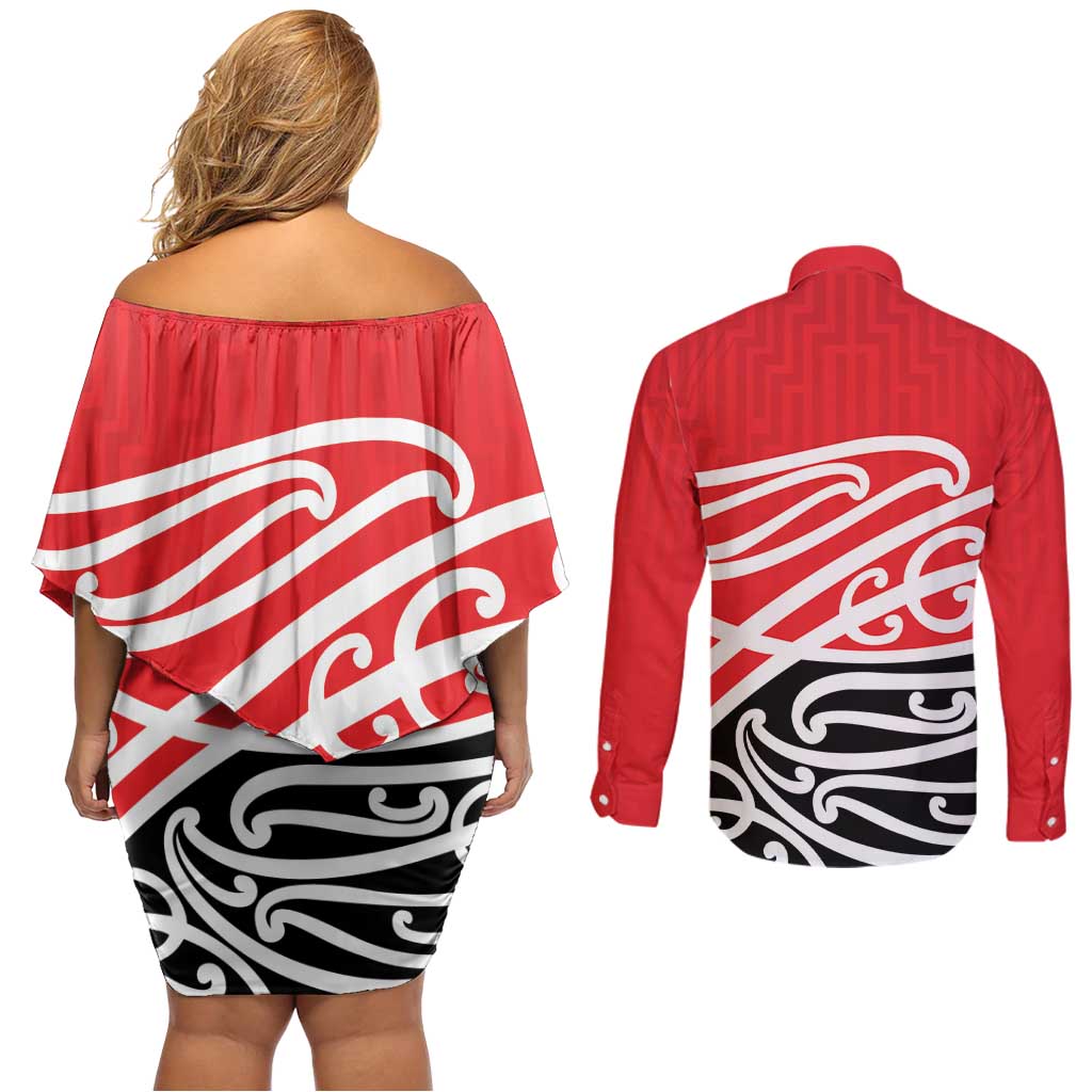 All Red New Zealand Kowhai Ngutukak Couples Matching Off Shoulder Short Dress and Long Sleeve Button Shirt - Aussie Hoodie