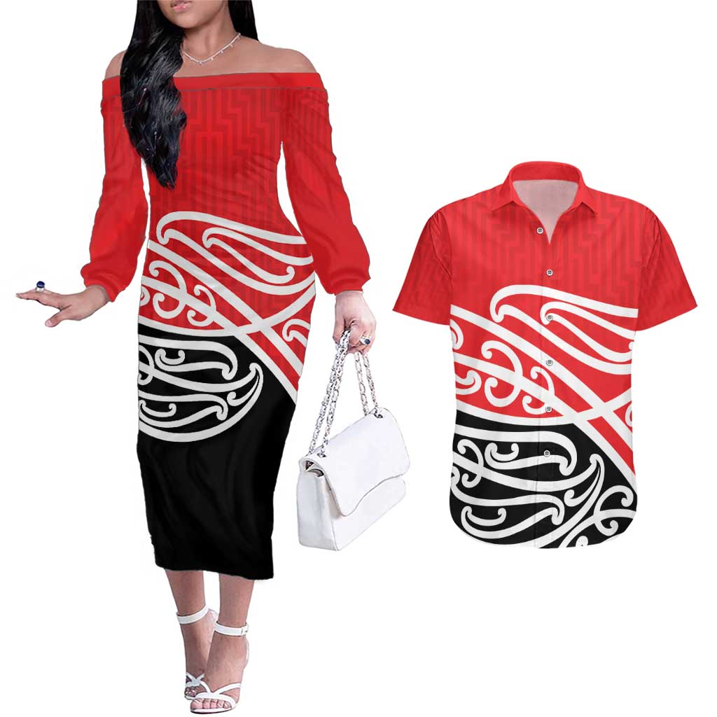 All Red New Zealand Kowhai Ngutukak Couples Matching Off The Shoulder Long Sleeve Dress and Hawaiian Shirt - Aussie Hoodie