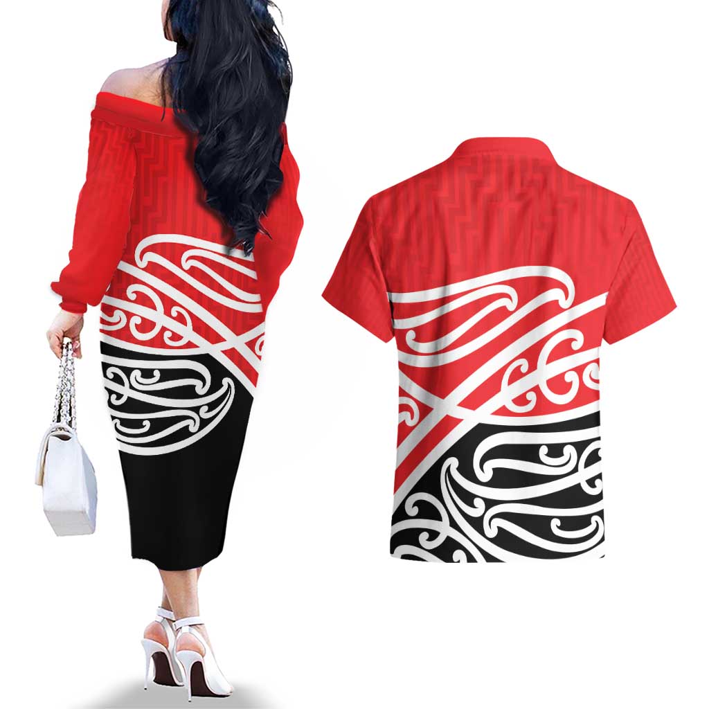 All Red New Zealand Kowhai Ngutukak Couples Matching Off The Shoulder Long Sleeve Dress and Hawaiian Shirt - Aussie Hoodie