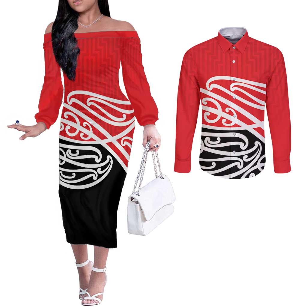 All Red New Zealand Kowhai Ngutukak Couples Matching Off The Shoulder Long Sleeve Dress and Long Sleeve Button Shirt - Aussie Hoodie